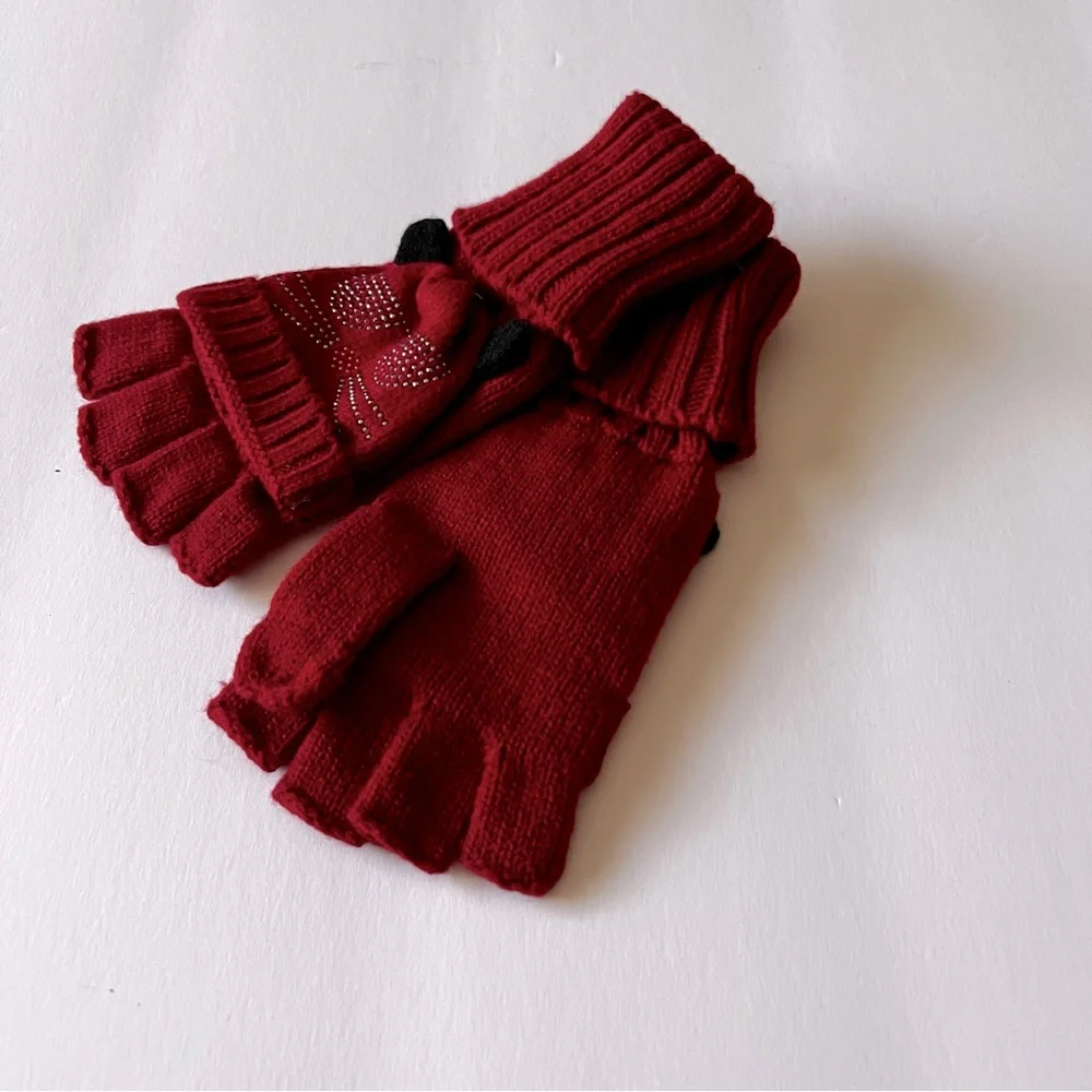 KARL LAGERFELD POP TOP CONVERTIBLE FINGERLESS GLOVES MITTENS RED KARL CAT LOGO
